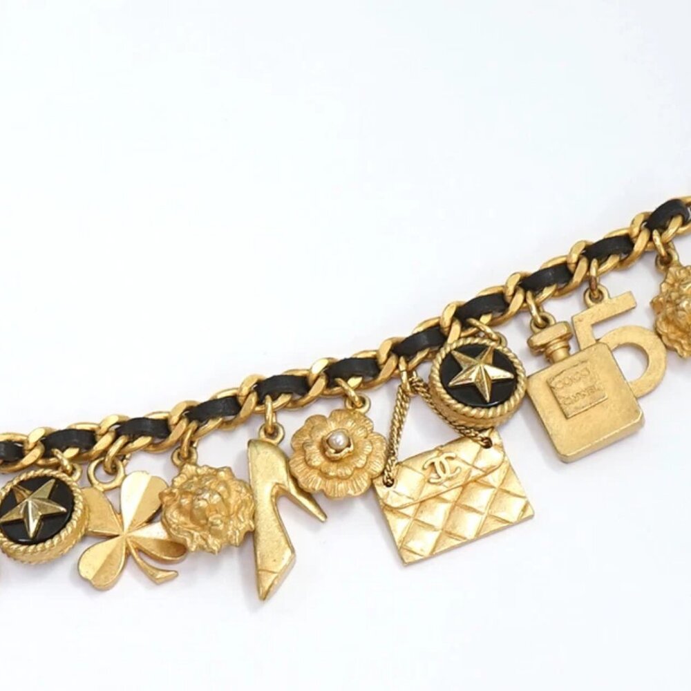 CHANEL No.5 Multi Charm Leather Chain Bracelet 7.3" Gold Tone 94P Auth w/Box - Picture 2 of 6